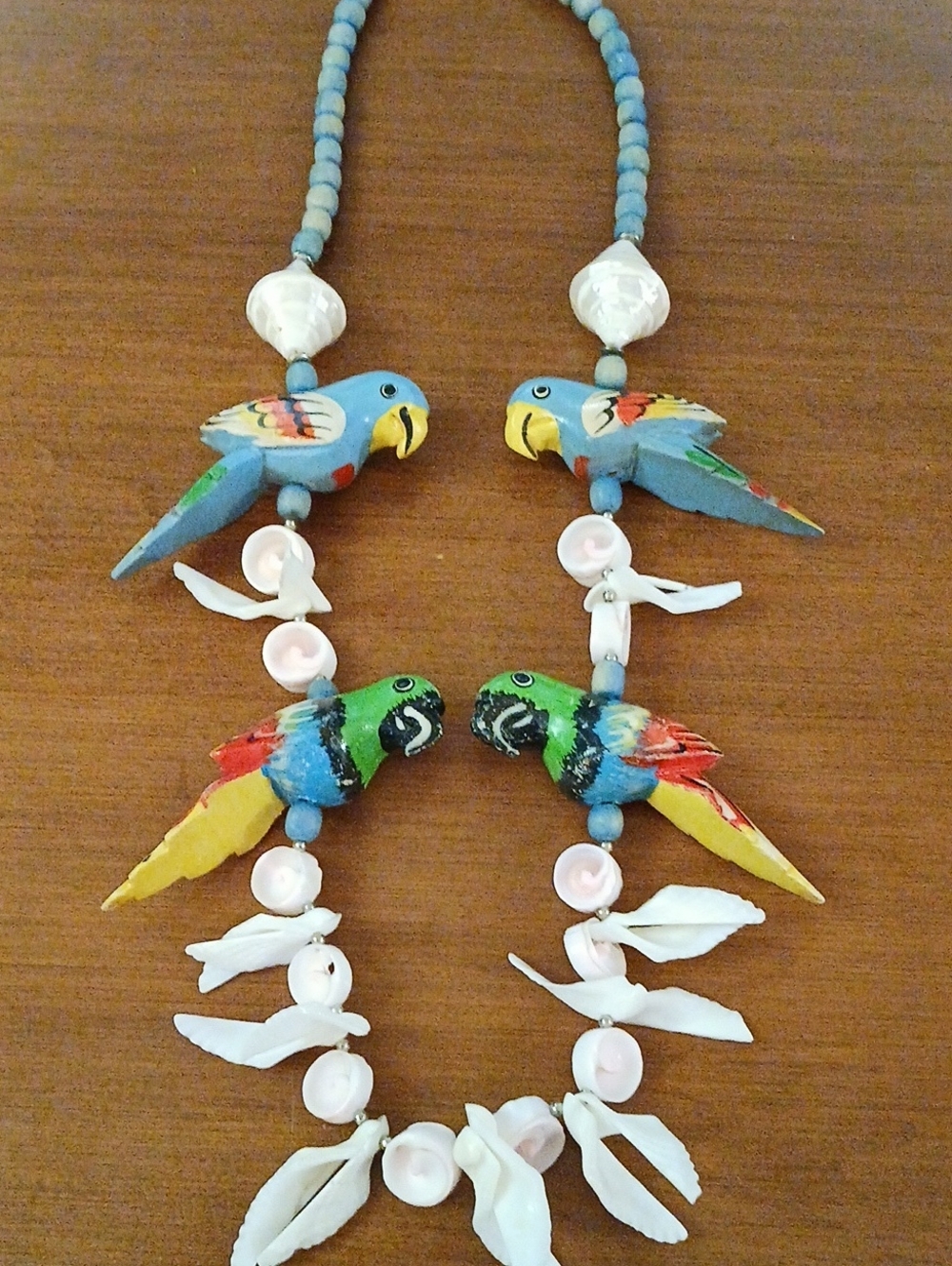 Hand-Painted Wooden Parrot Pendant Necklace in Blue and Multicolor W/ Shells 28"